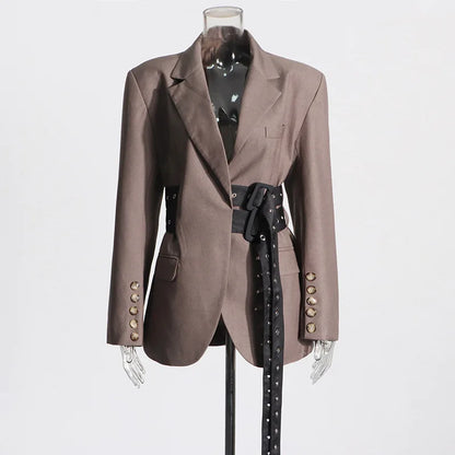 🍒Double belt button casual jacket v-neck lapel jacket belted blazers for occasion women outwear smart casual clothes  A Belter of A Blazer