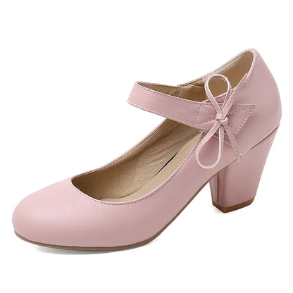 🍒Womens pumps 7cm high thick block heels round toe mary Janes shoes wedding dress footwear office shoes ladies ankle strap heels with bows
