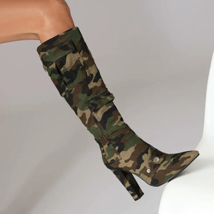 🍒Camouflage green boots pointed toe women fashion combat footwear long boots slim winter heeled boots COMBAT Boring Footwear And Step Into Cool BOOTS
