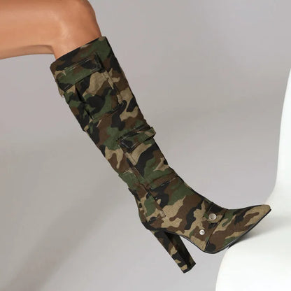 🍒Camouflage green boots pointed toe women fashion combat footwear long boots slim winter heeled boots COMBAT Boring Footwear And Step Into Cool BOOTS