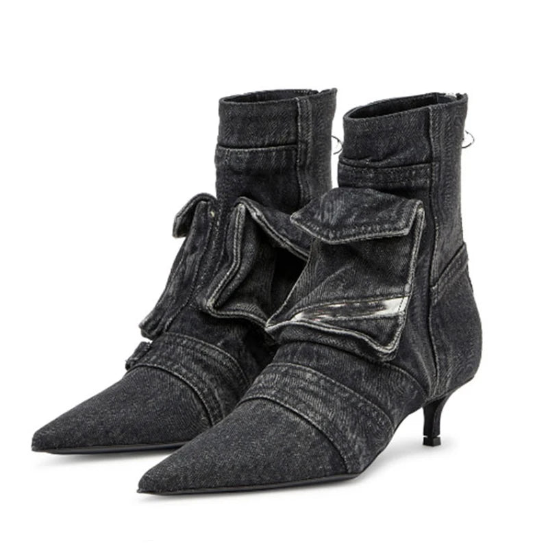 🍒Denim pockets boots ankle kitten heel shoes back zipper shoes retro styles booties with pointed toe smart casual footwear women Pocket This Denim And Make A Point