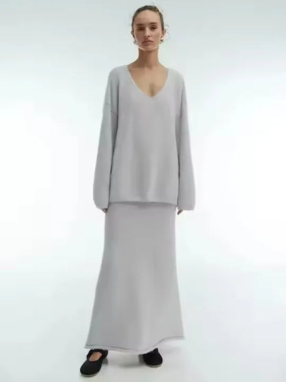 🍒Sweater 2 Pieces sets winter casual outfits warm autumn maxi a-line skirt and v- neck knitted long sleeve jumper women