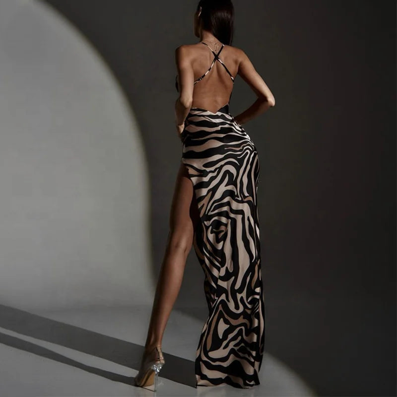 🍒Womens backless spaghetti strap dress hip slit mesh zebra ladies maxi slip dresses animal print zebra fashion transparent clothing party occasion wear Get In The Zebra Zone
