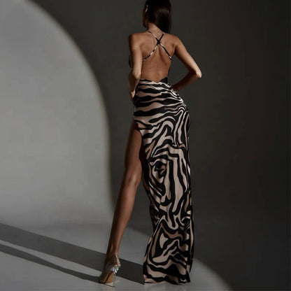 🍒Womens backless spaghetti strap dress hip slit mesh zebra ladies maxi slip dresses animal print zebra fashion transparent clothing party occasion wear Get In The Zebra Zone