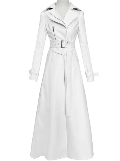 🍒Leather trench coat fashion long jackets women long sleeve outerwear designer party wear coat  White Out Of The Catwalk