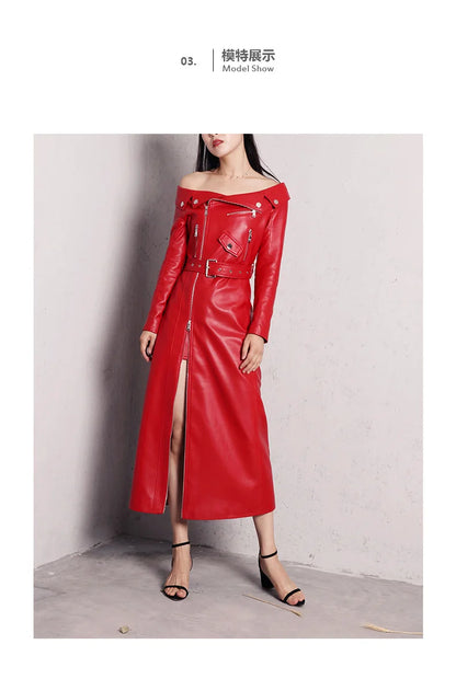 🍒Leather long dresses with side split for women slash neck red black pu outfit long sleeve shoulderless for occasions party wear club wear REDiculously Cool