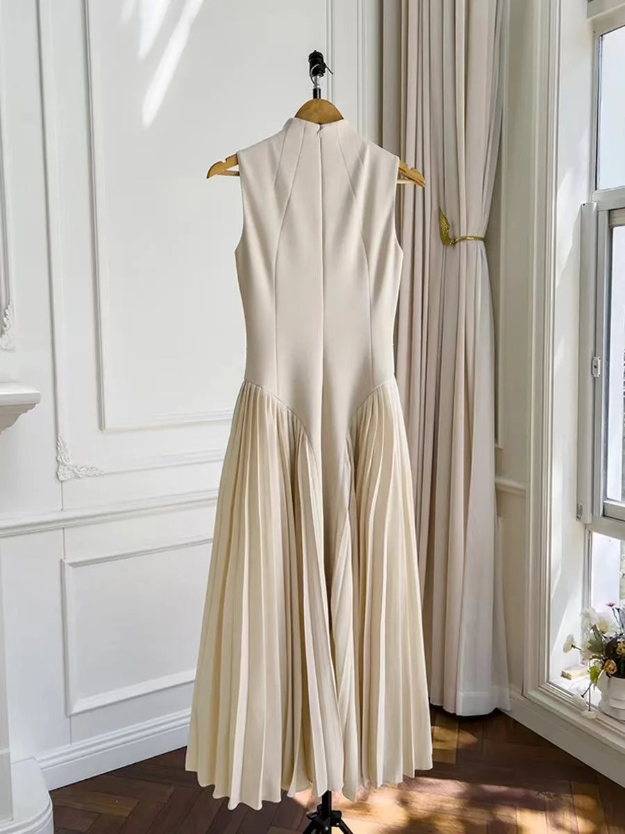 🍒Summer high neck dress a line pleated Irregular long midi outfit fit and flare slim fit smart casual summer wear Purely Pefect