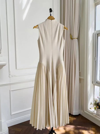 🍒Summer high neck dress a line pleated Irregular long midi outfit fit and flare slim fit smart casual summer wear Purely Pefect