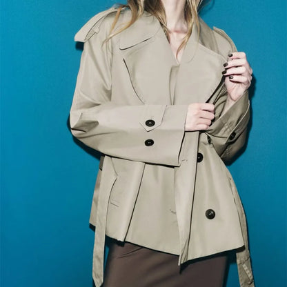 🍒Autumn winter womens fashion retro jacket double-breasted long-sleeve short long sleeve trench coat wind breaker smart casual coat (In Short ) Classic Coat