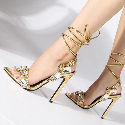 🍒Pointed toe diamond heel ankle strap strappy sandals glamorous stilettos with diamond embellisment womens party footwear occasion wear Dancing Diamonds