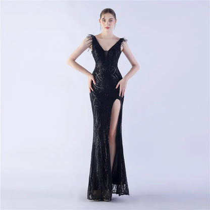 🍒Beaded evening dress v neck sleeveless feather decorated occasion wear party outfit with side slit high-end maxi Work It In Your Bead Work