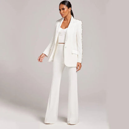 🍒Fashion suits long sleeve white two piece trouser set office wear white wedding suit for women occasion party wear smart casual clothing tuxedo blazer With diamond detail Heaven Sent