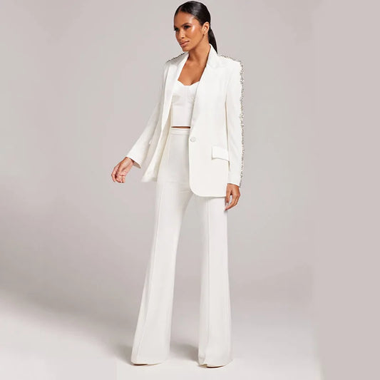 🍒Fashion suits long sleeve white two piece trouser set office wear white wedding suit for women occasion party wear smart casual clothing tuxedo blazer With diamond detail Heaven Sent