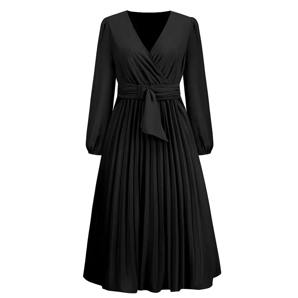 🍒Long sleeve v- neck pleated dress solid colour midi outfit with waist belt long dresses smart casual women office wear 'Appy A-lines