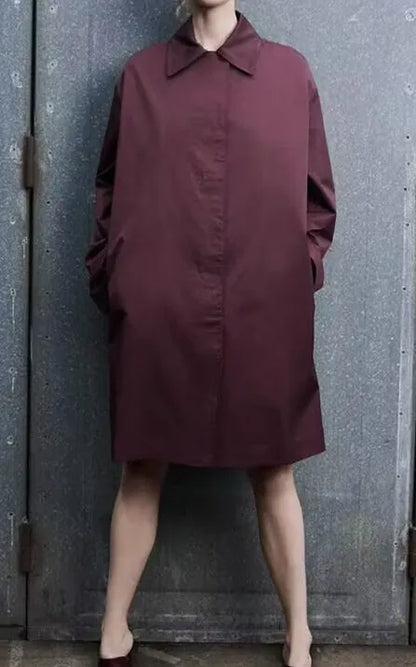 🍒Women's spring and summer fashion style simple and versatile trench coat long sleeves collar outwear smart casual Bottle Style With A Burgundy Coat Dress