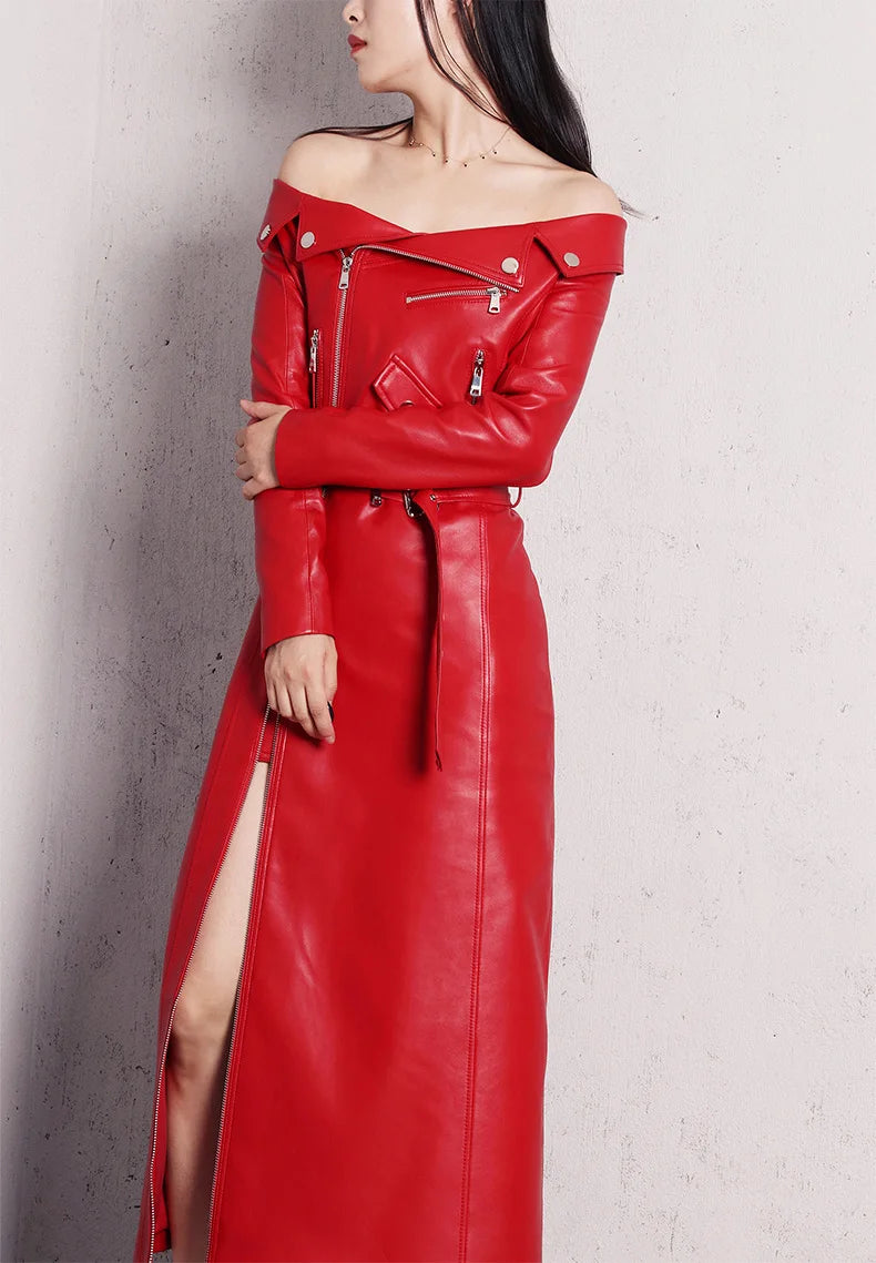 🍒Leather long dresses with side split for women slash neck red black pu outfit long sleeve shoulderless for occasions party wear club wear REDiculously Cool