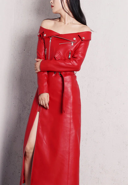 🍒Leather long dresses with side split for women slash neck red black pu outfit long sleeve shoulderless for occasions party wear club wear REDiculously Cool