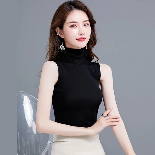 🍒Summer tops for women turtle neck sleeveless tank top female casual clothes cropped top tees black white blue Q'white A Top And In Black And Blue