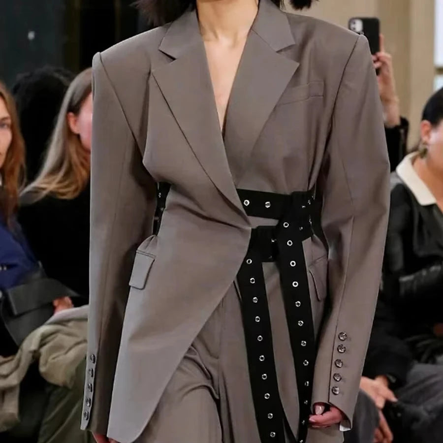 🍒Double belt button casual jacket v-neck lapel jacket belted blazers for occasion women outwear smart casual clothes  A Belter of A Blazer