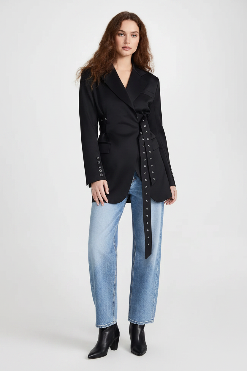 🍒Double belt button casual jacket v-neck lapel jacket belted blazers for occasion women outwear smart casual clothes  A Belter of A Blazer