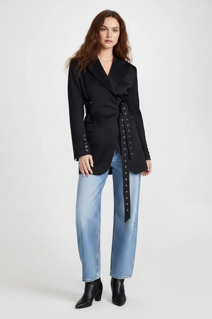 🍒Double belt button casual jacket v-neck lapel jacket belted blazers for occasion women outwear smart casual clothes  A Belter of A Blazer