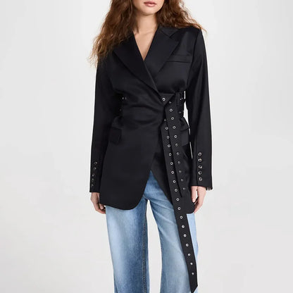 🍒Double belt button casual jacket v-neck lapel jacket belted blazers for occasion women outwear smart casual clothes  A Belter of A Blazer