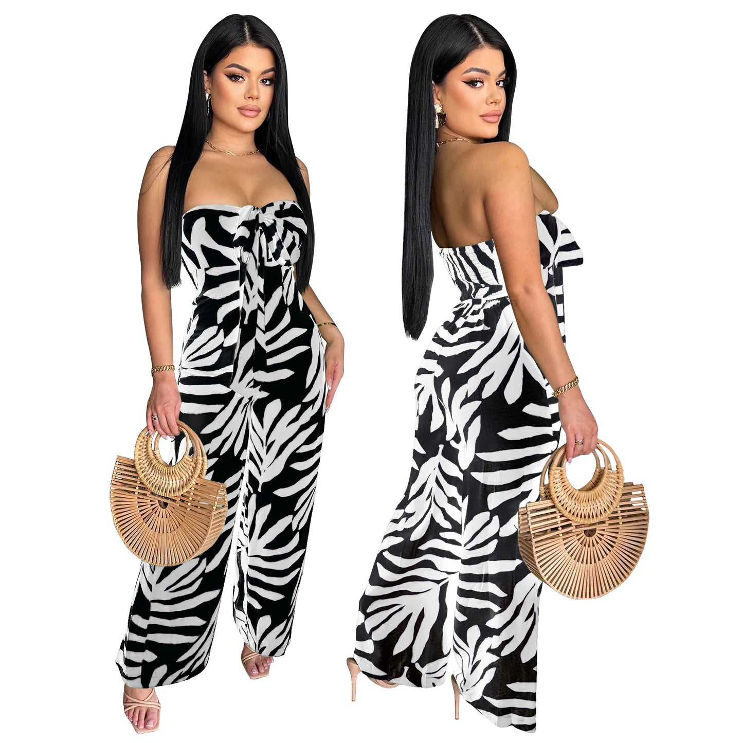 🍒Printed bodycon Jumpsuit with Wide legs clubwear beach party holiday fashion wear for women smart casul clothing