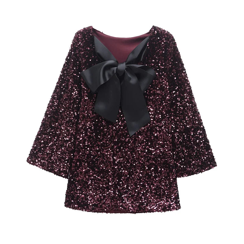 🍒Women's bow front dress sequin outfit for occasion retro long sleeve female party wear Mini dress with wide sleeves.