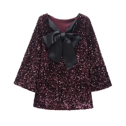 🍒Women's bow front dress sequin outfit for occasion retro long sleeve female party wear Mini dress with wide sleeves.