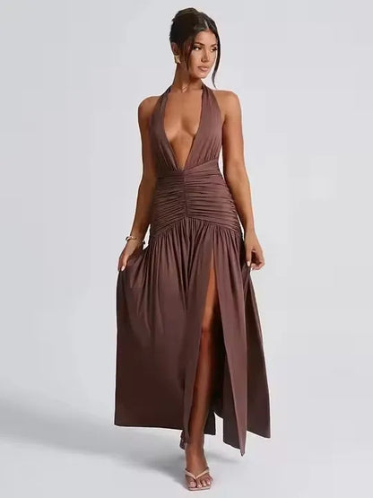 🍒backless sleeveless dress halter V-neck elegant maxi high slit womens fashion party occasion wear