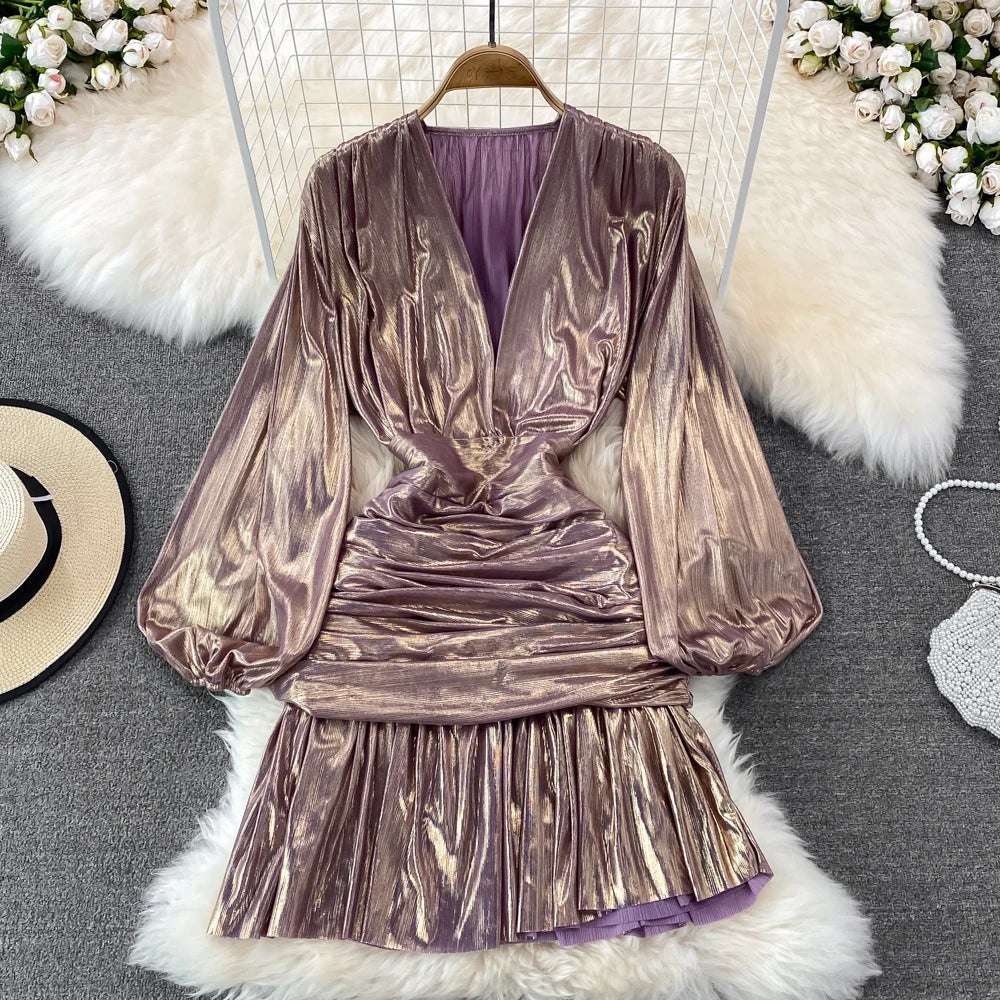 🍒Womens spring summer fashion dress shiny material v -neck lantern sleeve pleated occasion outfit hip wrap clothing party wear Super Sensual Satin