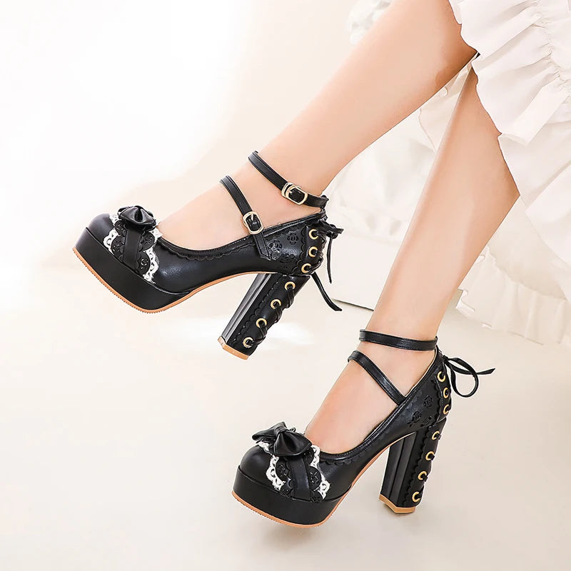 🍒Ladies vintage high heels platform shoes for women cute bow lace princess Mary Janes party buckle pumps Get Pretty Pumped Up