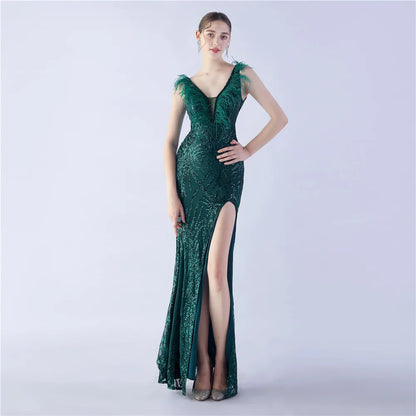 🍒Beaded evening dress v neck sleeveless feather decorated occasion wear party outfit with side slit high-end maxi Work It In Your Bead Work