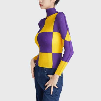 🍒Designer summer tops geometric fashion wear printed long sleeve blouse checkered women casual shirts stretch pleated t-shirts Square This Square At Check-Out