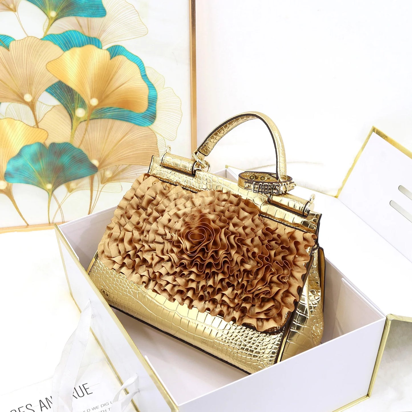 🍒3D foral handbag women fashion ladies bag luxury crossbody handbag crocodile elegant occasion accessory lotus leaf flower bag female bag with grab handle 30 cm Rose Gold