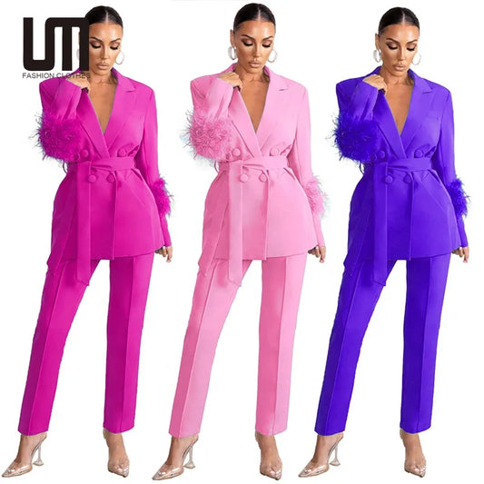 🍒 Smart causal womens two piece blazer set with feathers long sleeve jacket and straight pants set occasion party wear