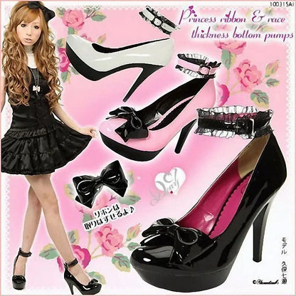 🍒High heel punps with straps platform high heels black and white shoes for women fashion bow shoes for occasion bow style shoes with lace material Get 'White Into Black and White