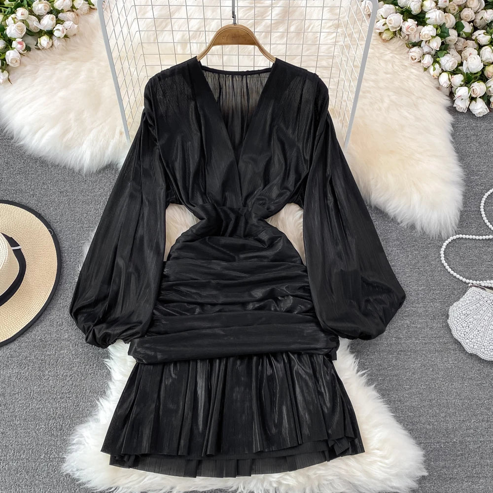 🍒Womens spring summer fashion dress shiny material v -neck lantern sleeve pleated occasion outfit hip wrap clothing party wear Super Sensual Satin