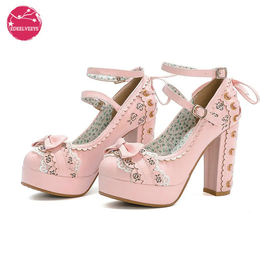 🍒Ladies vintage high heels platform shoes for women cute bow lace princess Mary Janes party buckle pumps Get Pretty Pumped Up