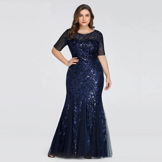 🍒Plus size sequin mesh dress mermaid evening gown beaded leaves pattern party occasion wear prom gowns short Sleeve sparkly outfits for women Fish Dish For Christmas