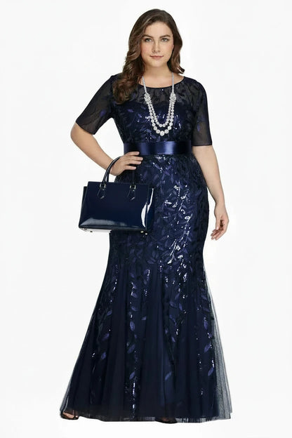 🍒Plus size sequin mesh dress mermaid evening gown beaded leaves pattern party occasion wear prom gowns short Sleeve sparkly outfits for women Fish Dish