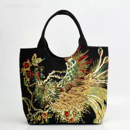 🍒Sequins tote bag ethnic style peacock embroidery handbags ladies vintage canvas crossbody bag grab bag smart casual accesssories Display Your Style With A peacock