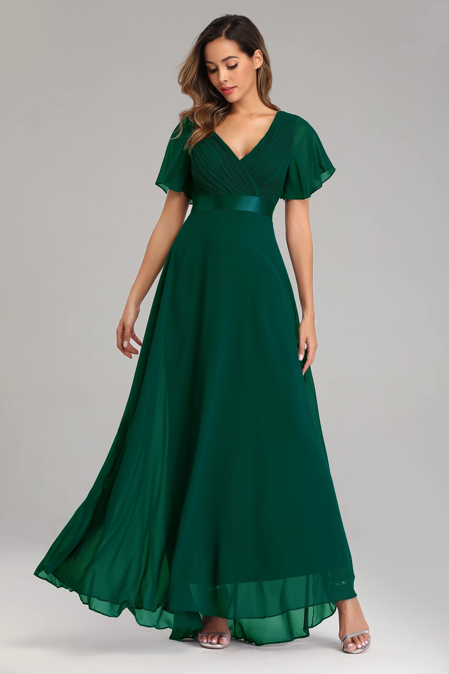 🍒Elegant evening dresses chiffon v-neck ruffle dress long gown for wedding party occasion wear outfit a-line maxi