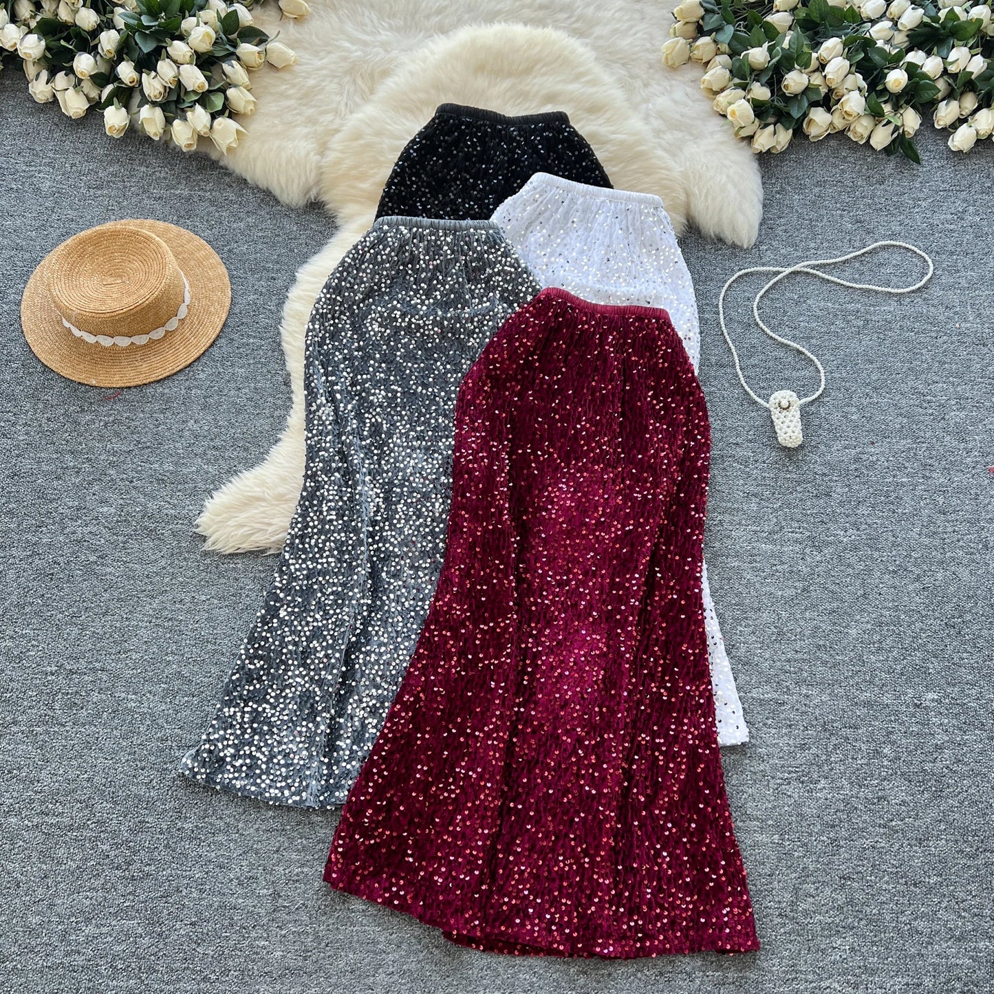 🍒Sequin tulip skirt fitted hip womens smart casual high waist elastic skirts feminine fashion party wear occasion fashion wear