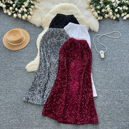 🍒Sequin tulip skirt fitted hip womens smart casual high waist elastic skirts feminine fashion party wear occasion fashion wear
