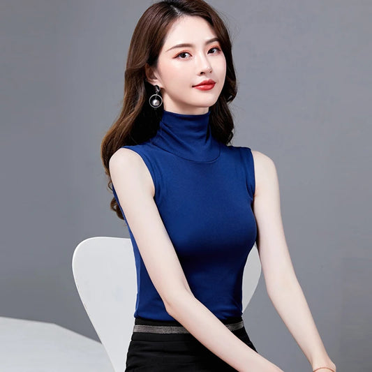 🍒Summer tops for women turtle neck sleeveless tank top female casual clothes cropped top tees black white blue Q'white A Top And In Black And Blue