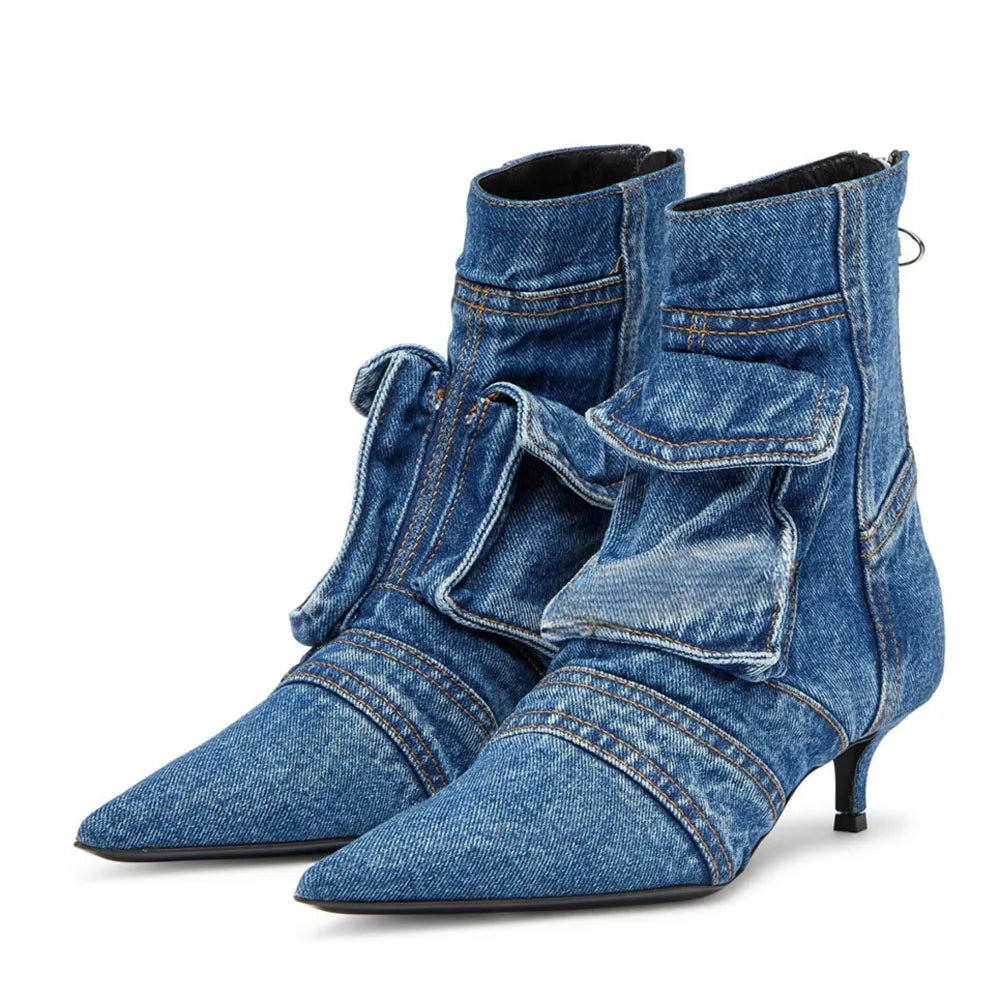 🍒Denim pockets boots ankle kitten heel shoes back zipper shoes retro styles booties with pointed toe smart casual footwear women Pocket This Denim And Make A Point