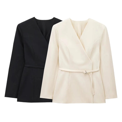 🍒Women's belt jacket v-neck autumn spring clothing smart casual wear retro long sleeve occasion wear party wear Dont WAiST TIE-m In Getting This