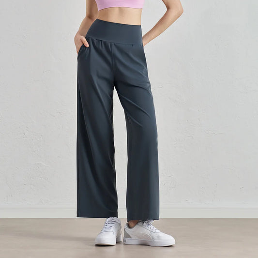 🍒Leisure wide leg pants cool feel smart casual women gym workout pants long legs loose skin friendly yoga dance wear ladies trousers with pockets Cute Casual