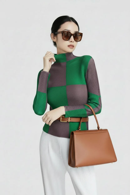 🍒Designer summer tops geometric fashion wear printed long sleeve blouse checkered women casual shirts stretch pleated t-shirts Square This Square At Check-Out